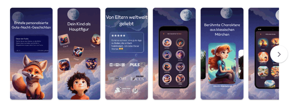Oscar Stories - Erstelle Kindergeschichten mit KI - Anwendung für Eltern in den App Stores